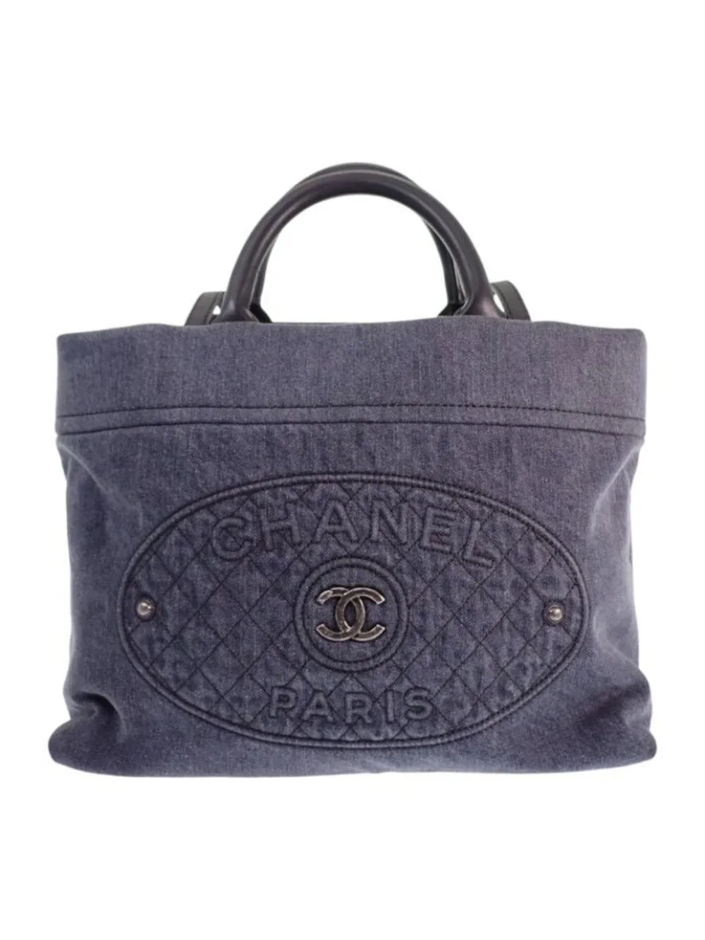 Chanel CC Logo Quilted Tote Bag Denim Leather Black Silver